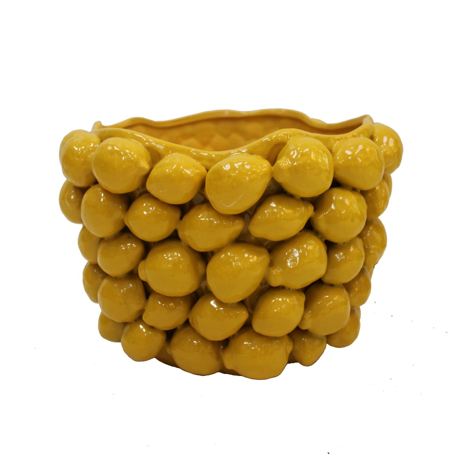 Mid-Century Modern Contemporary Yellow Art Vase with Ceramic Lemon Motifs, in Stock For Sale