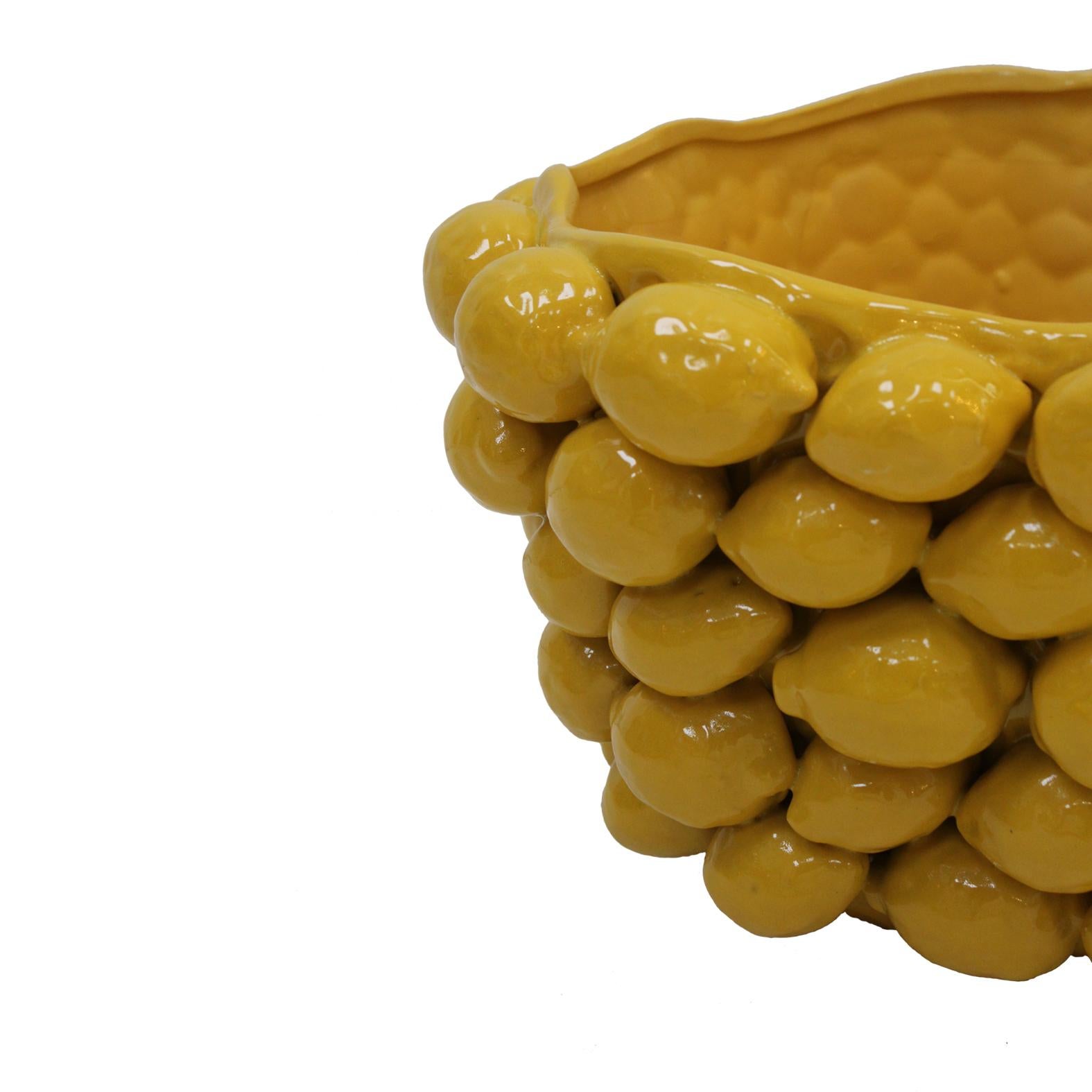 Italian Contemporary Yellow Art Vase with Ceramic Lemon Motifs, in Stock For Sale