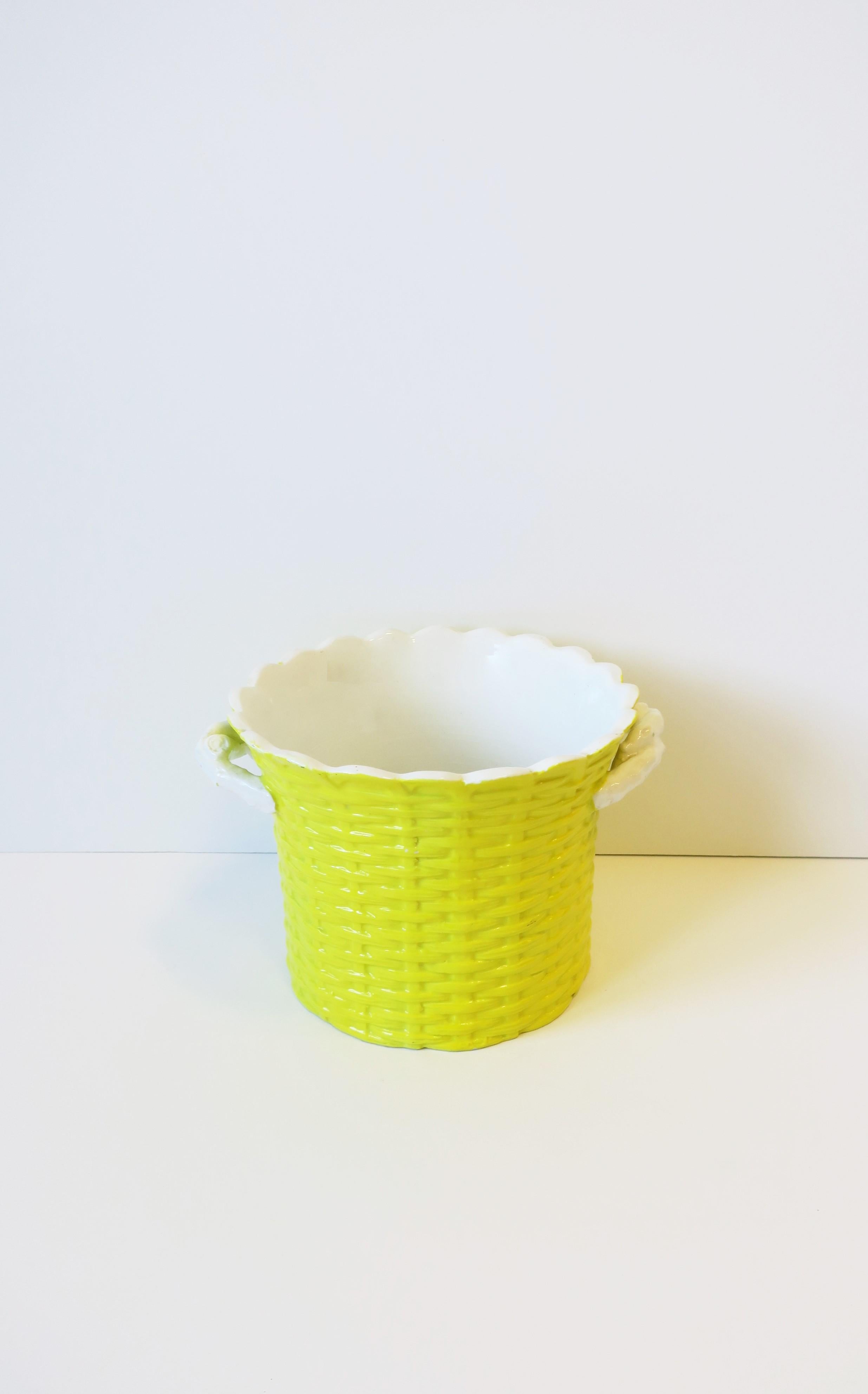 Italian Yellow Ceramic Wicker Ice Bucket or Cachepot w/Scalloped Edge, 1960s In Good Condition In New York, NY