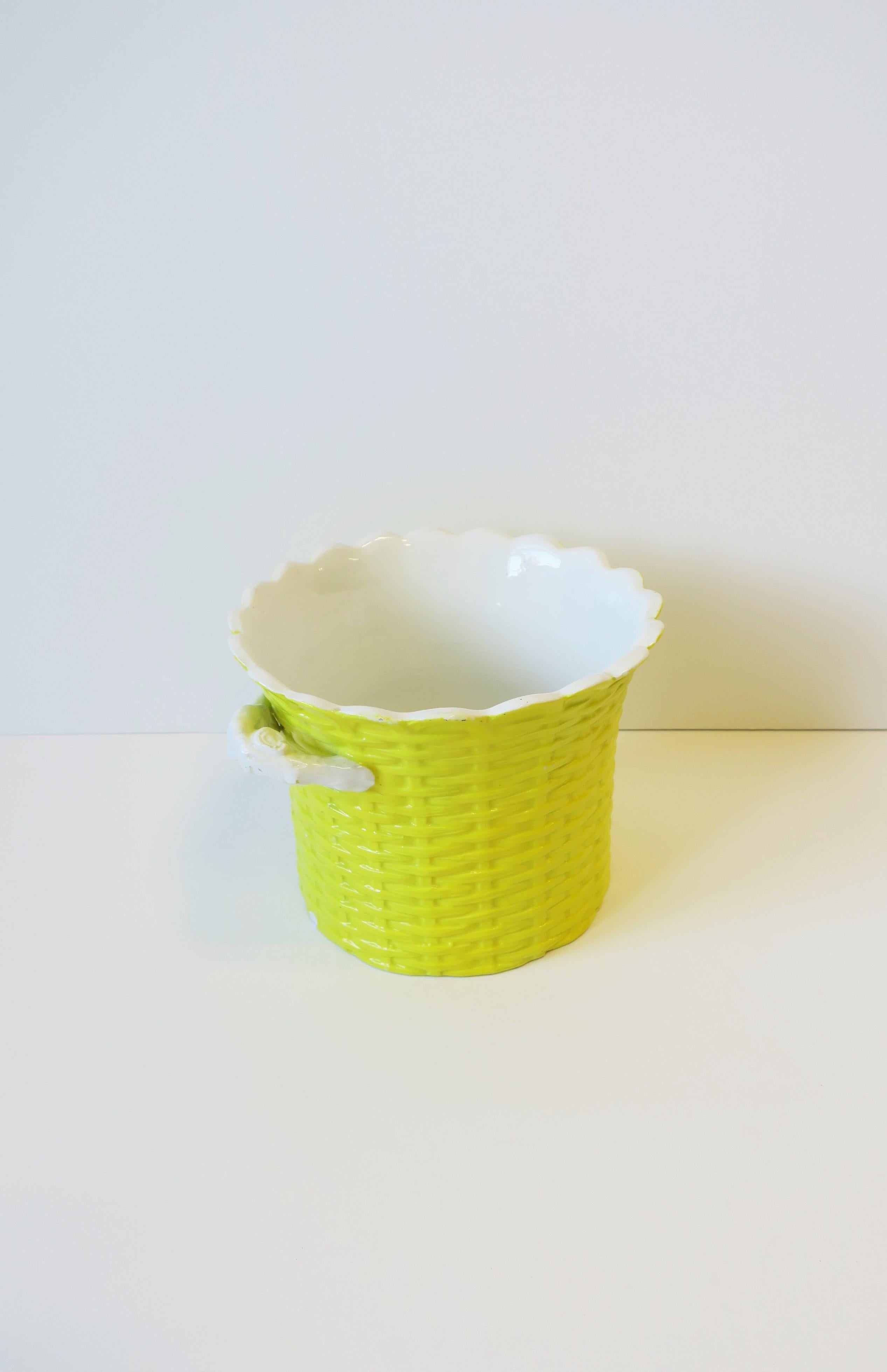 20th Century Italian Yellow Ceramic Wicker Ice Bucket or Cachepot w/Scalloped Edge, 1960s