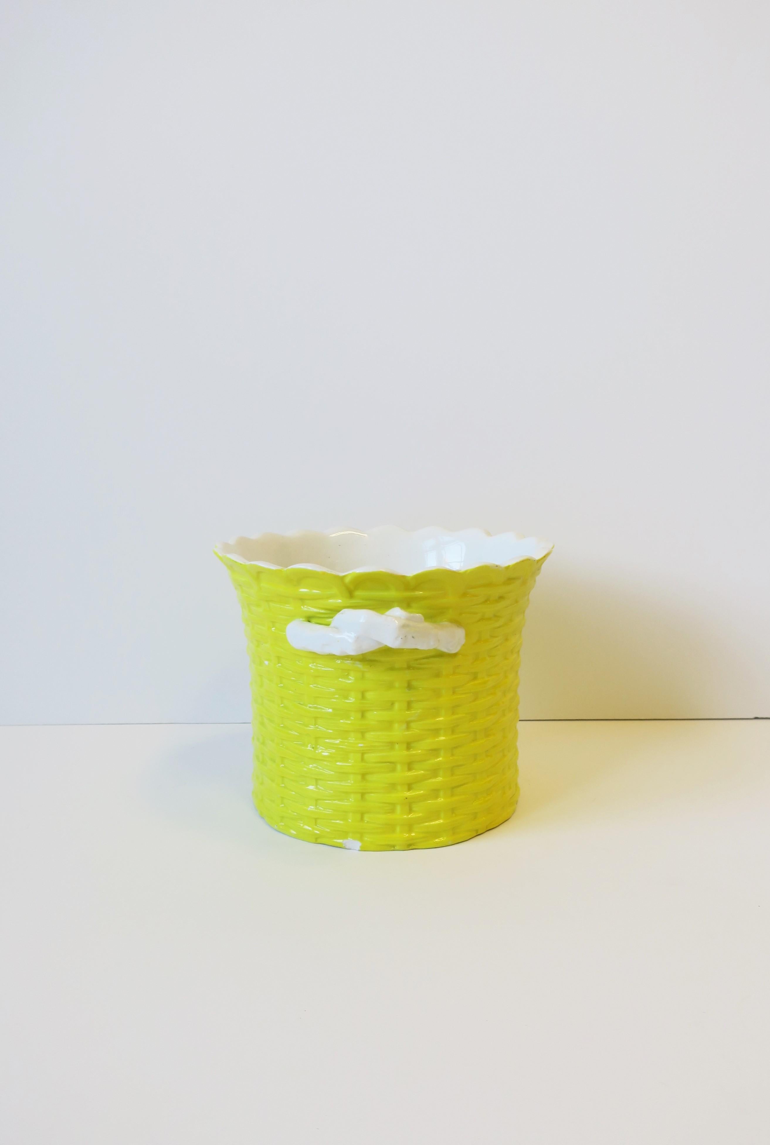 Italian Yellow Ceramic Wicker Ice Bucket or Cachepot w/Scalloped Edge, 1960s 1