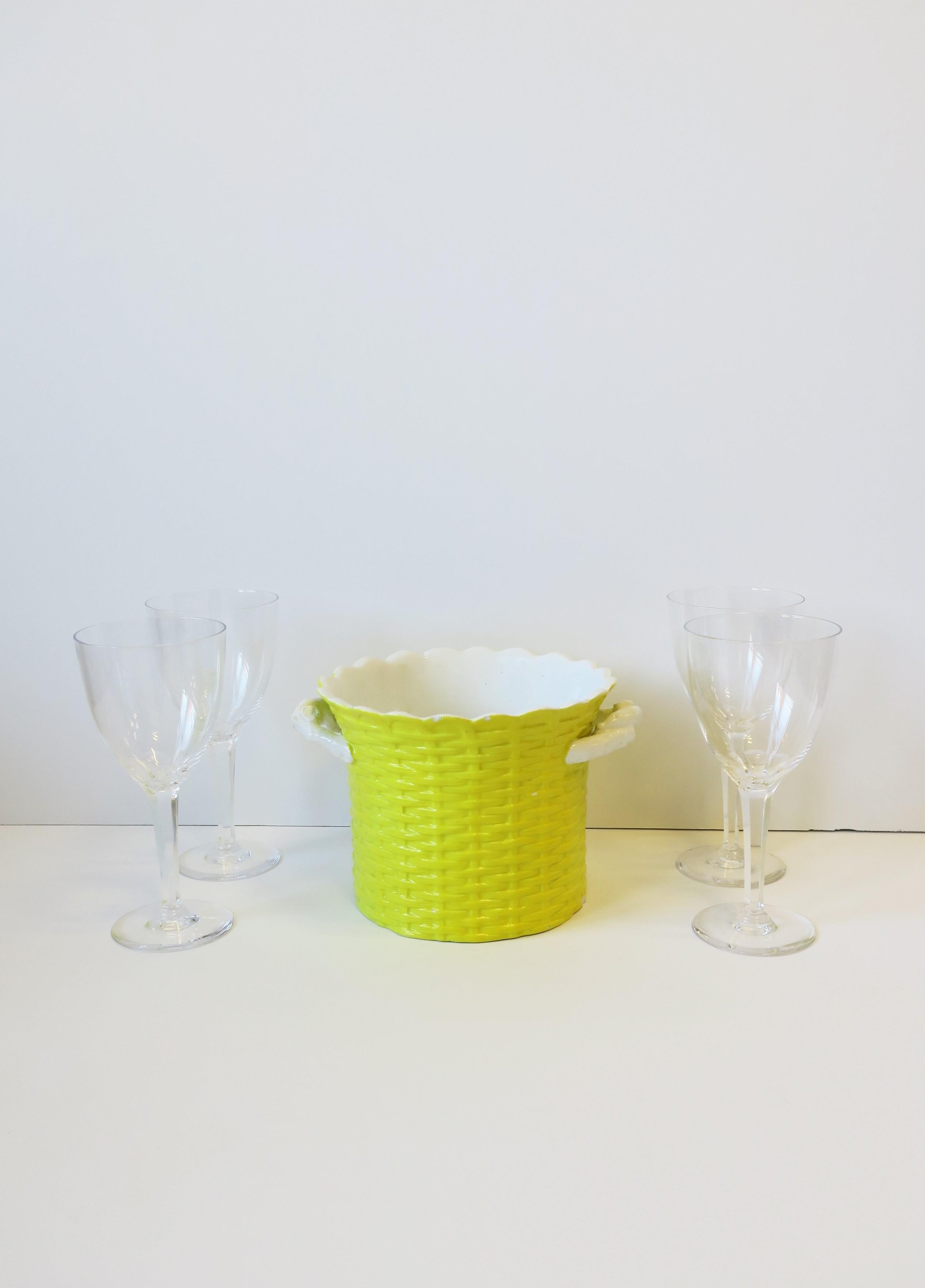 Italian Yellow Ceramic Wicker Ice Bucket or Cachepot w/Scalloped Edge, 1960s 2