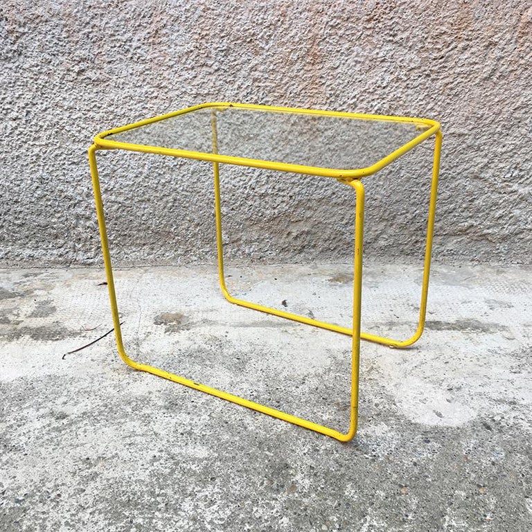 Italian Yellow Enameled Metal and Glass Coffee Tables, 1970s For Sale