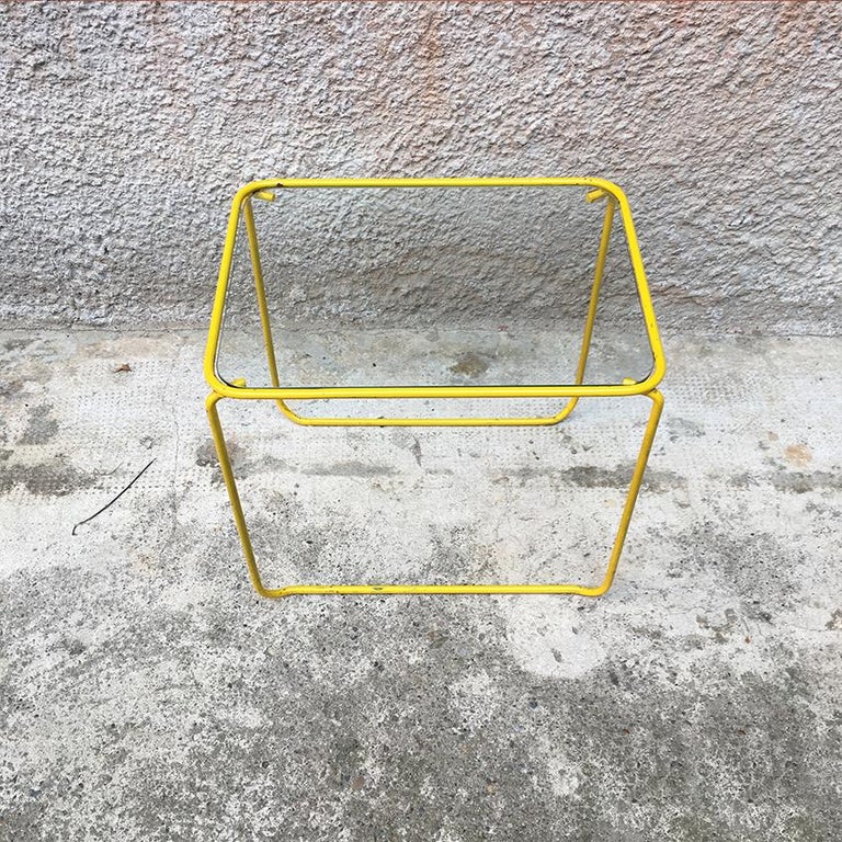Italian Yellow Enameled Metal and Glass Coffee Tables, 1970s For Sale
