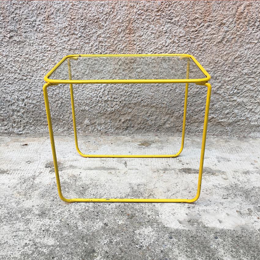 Italian Yellow Enameled Metal and Glass Coffee Tables, 1970s 7