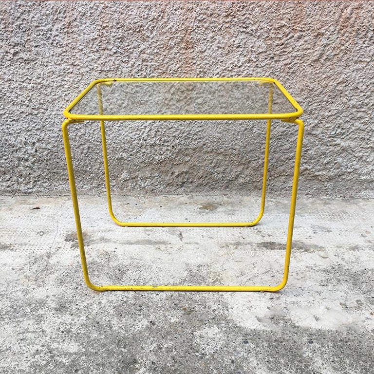 Italian Yellow Enameled Metal and Glass Coffee Tables, 1970s For Sale