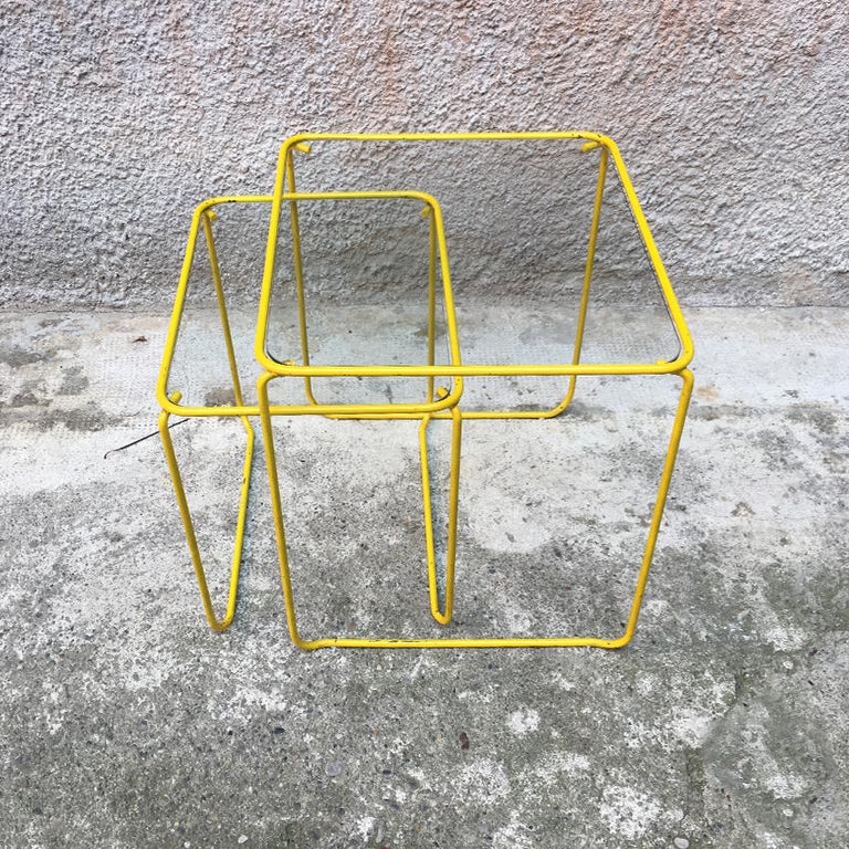 Italian Yellow Enameled Metal and Glass Coffee Tables, 1970s For Sale