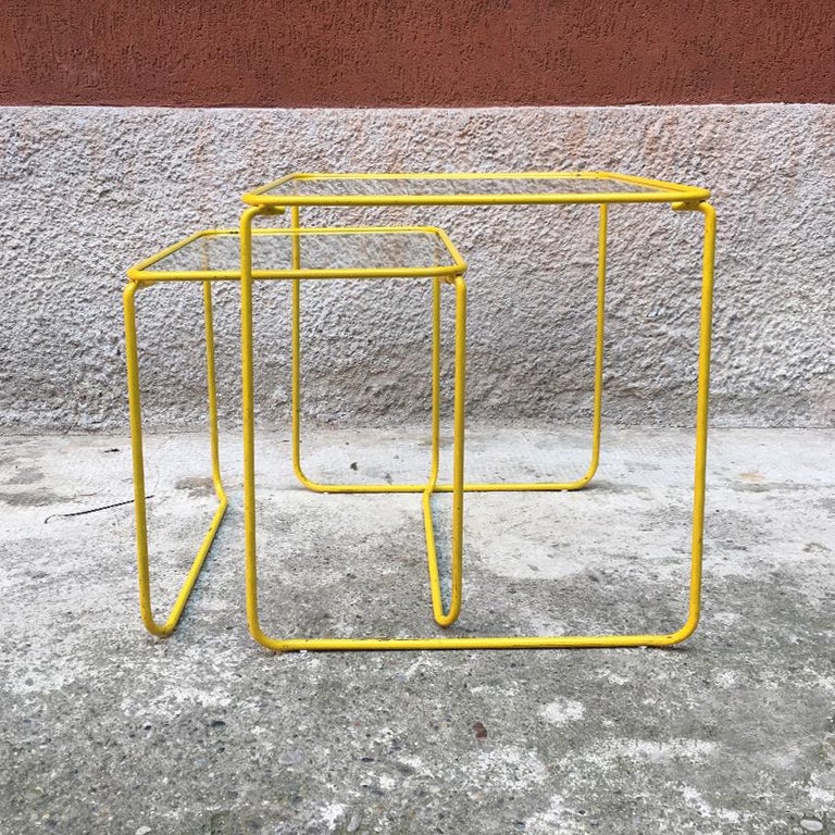 Italian Yellow Enameled Metal and Glass Coffee Tables, 1970s For Sale