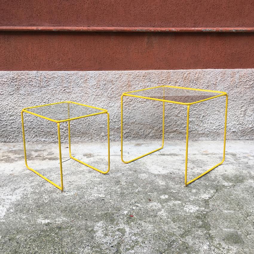 Italian Yellow Enameled Metal and Glass Coffee Tables, 1970s In Good Condition In MIlano, IT