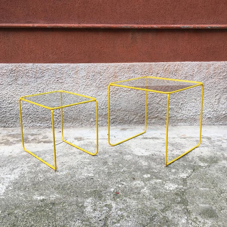Italian Yellow Enameled Metal and Glass Coffee Tables, 1970s For Sale
