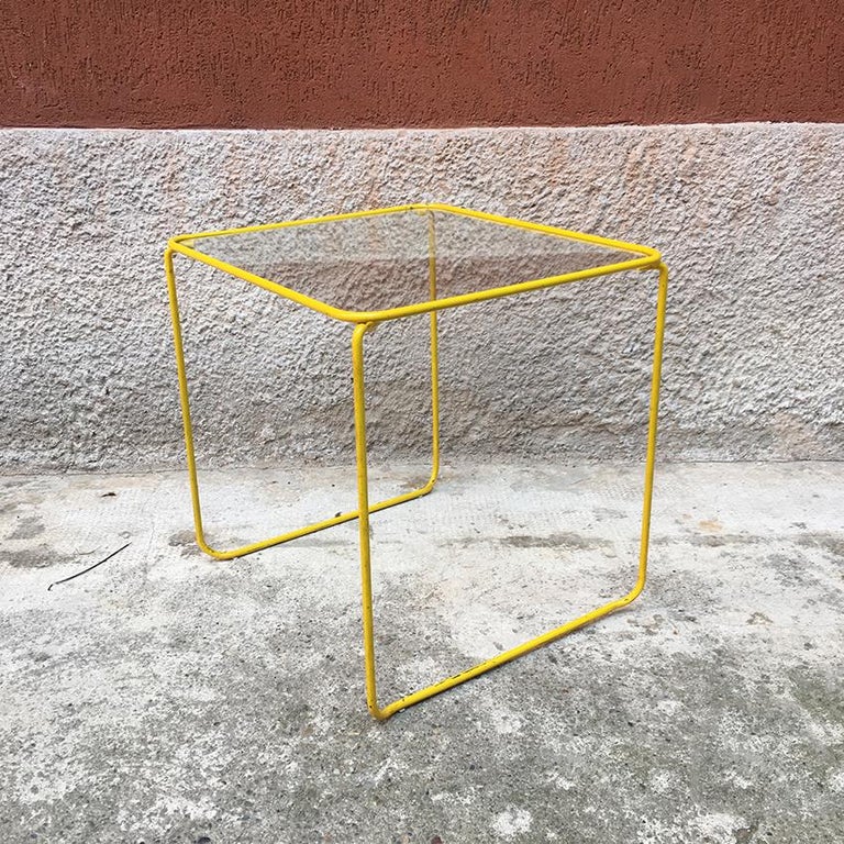 Italian Yellow Enameled Metal and Glass Coffee Tables, 1970s For Sale