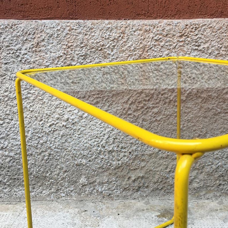 Italian Yellow Enameled Metal and Glass Coffee Tables, 1970s For Sale