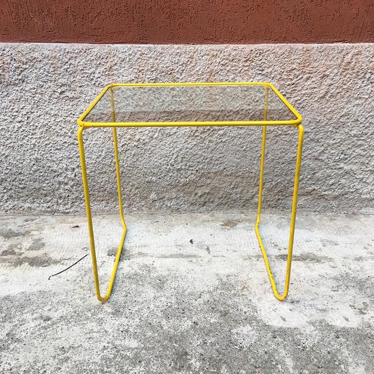 Italian Yellow Enameled Metal and Glass Coffee Tables, 1970s For Sale