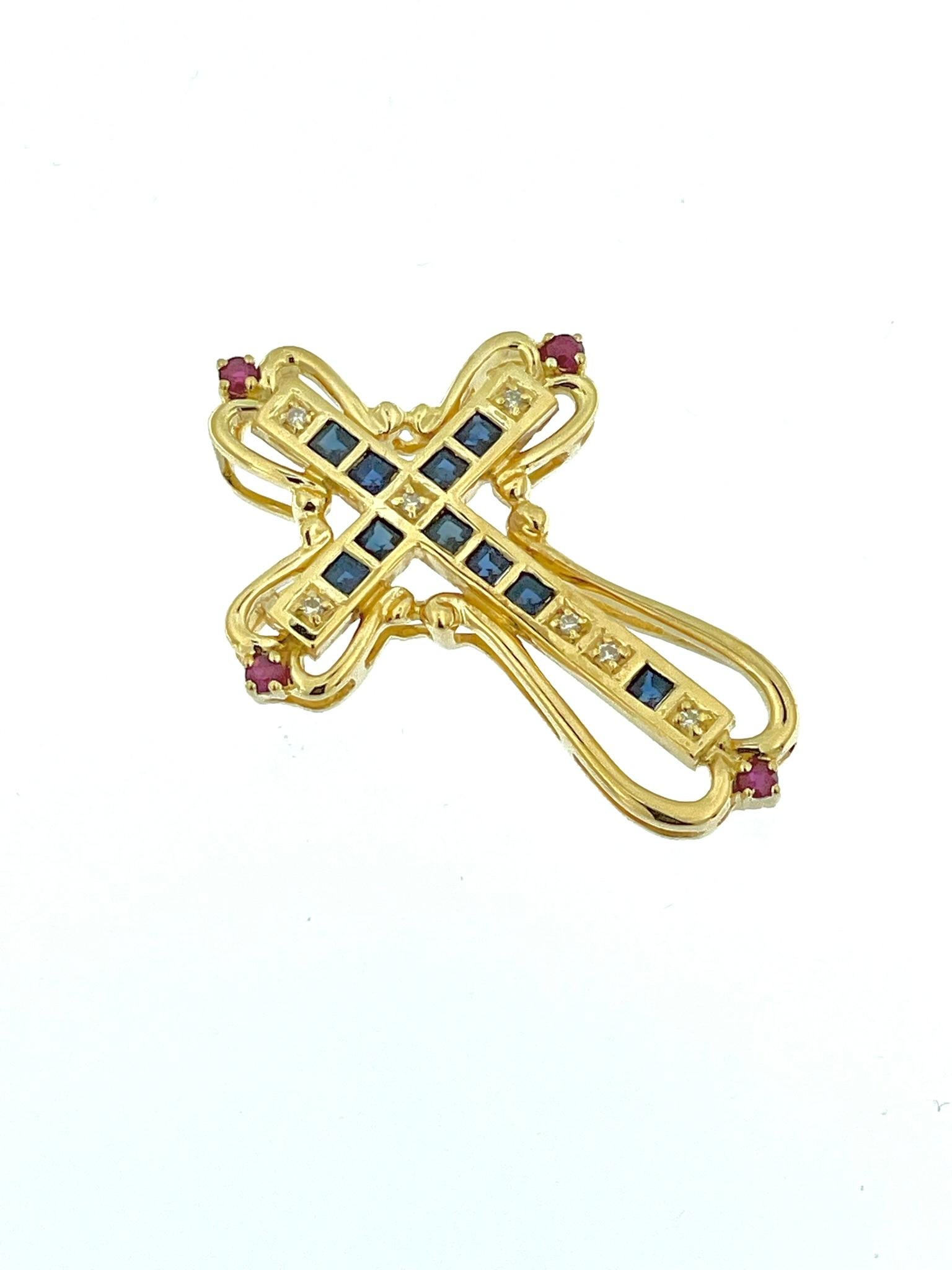 Contemporary Italian Yellow Gold Cross with Diamonds, Sapphires and Rubies For Sale