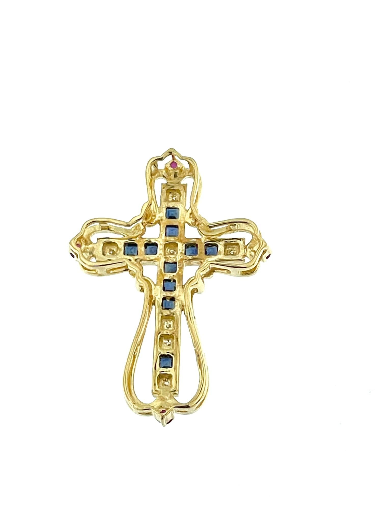 Mixed Cut Italian Yellow Gold Cross with Diamonds, Sapphires and Rubies For Sale