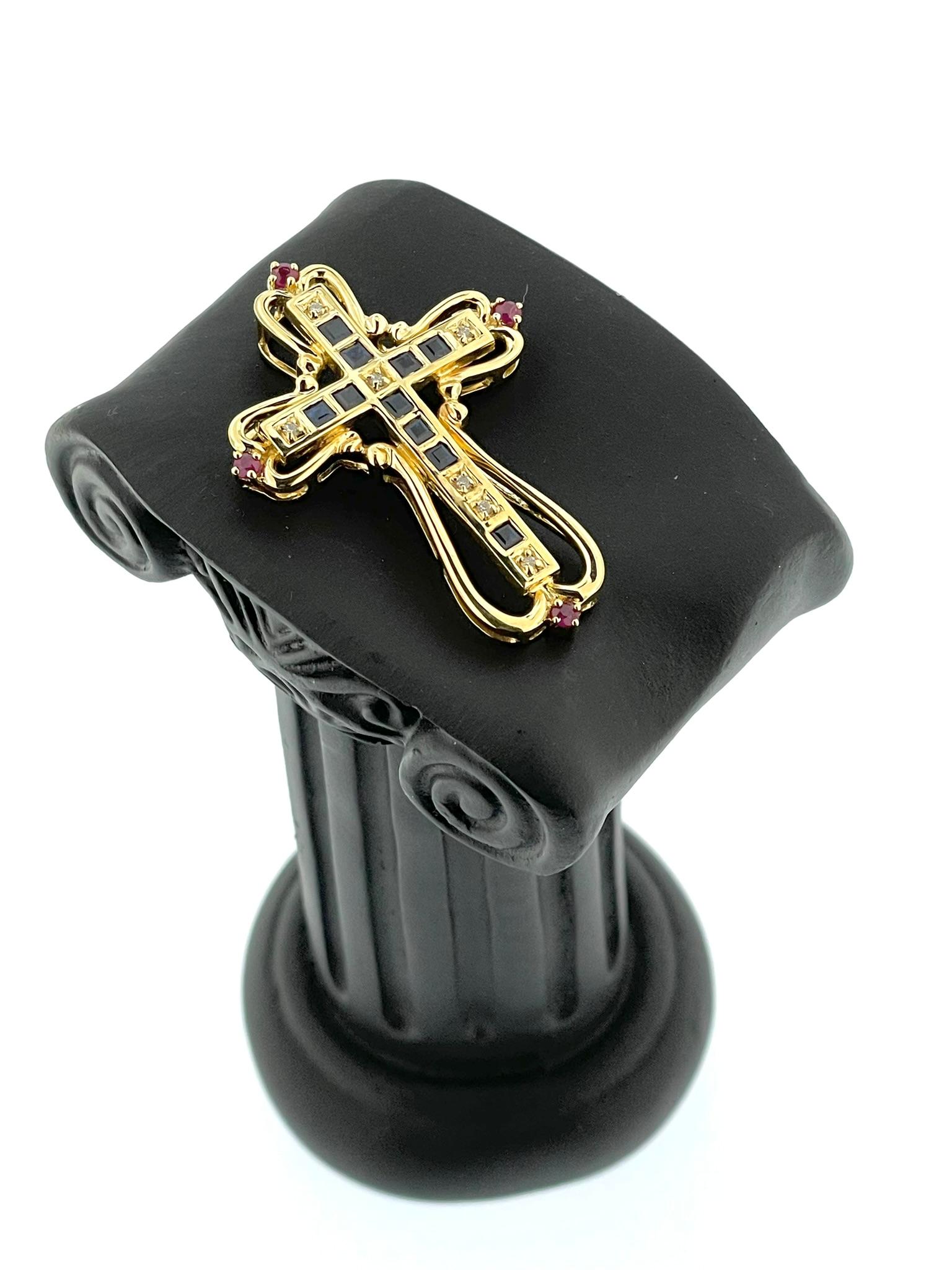 Women's or Men's Italian Yellow Gold Cross with Diamonds, Sapphires and Rubies For Sale