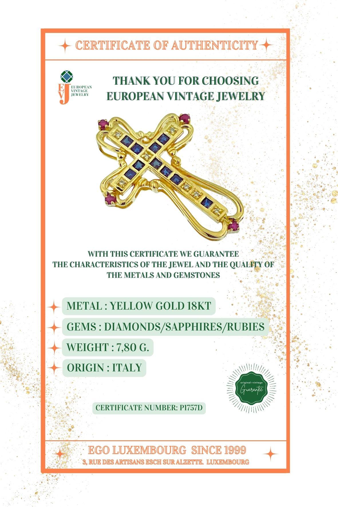 Italienisches Gelbgoldkreuz mit Diamanten, Saphiren und Rubinen im Angebot 1
