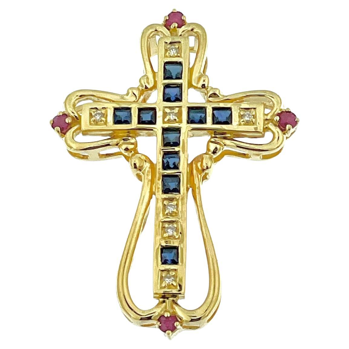 Italian Yellow Gold Cross with Diamonds, Sapphires and Rubies For Sale