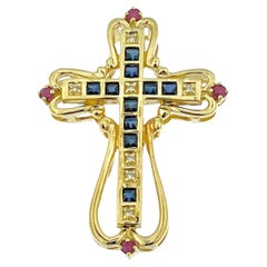 Italian Yellow Gold Cross with Diamonds, Sapphires and Rubies