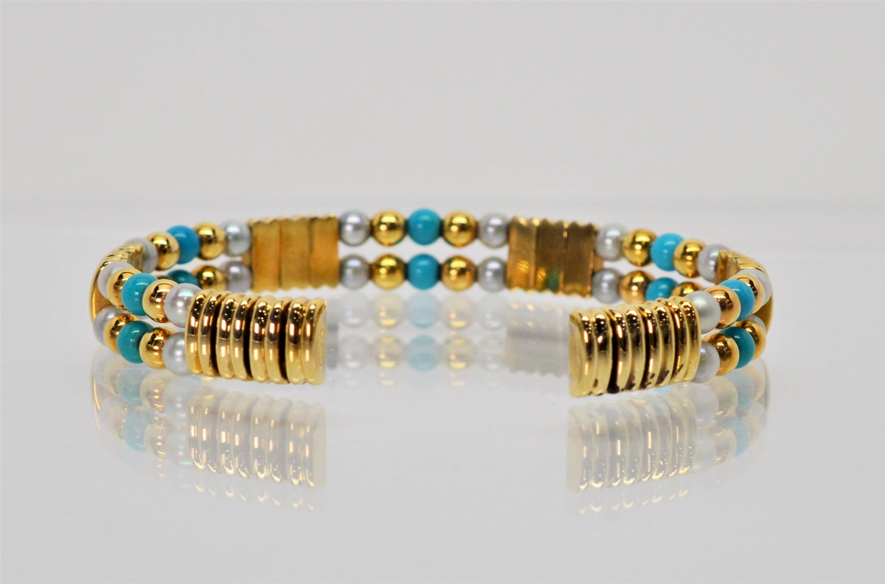 Round Cut Italian 18 Karat Yellow Gold Cuff Bracelet with Turquoise Pearl Accents For Sale