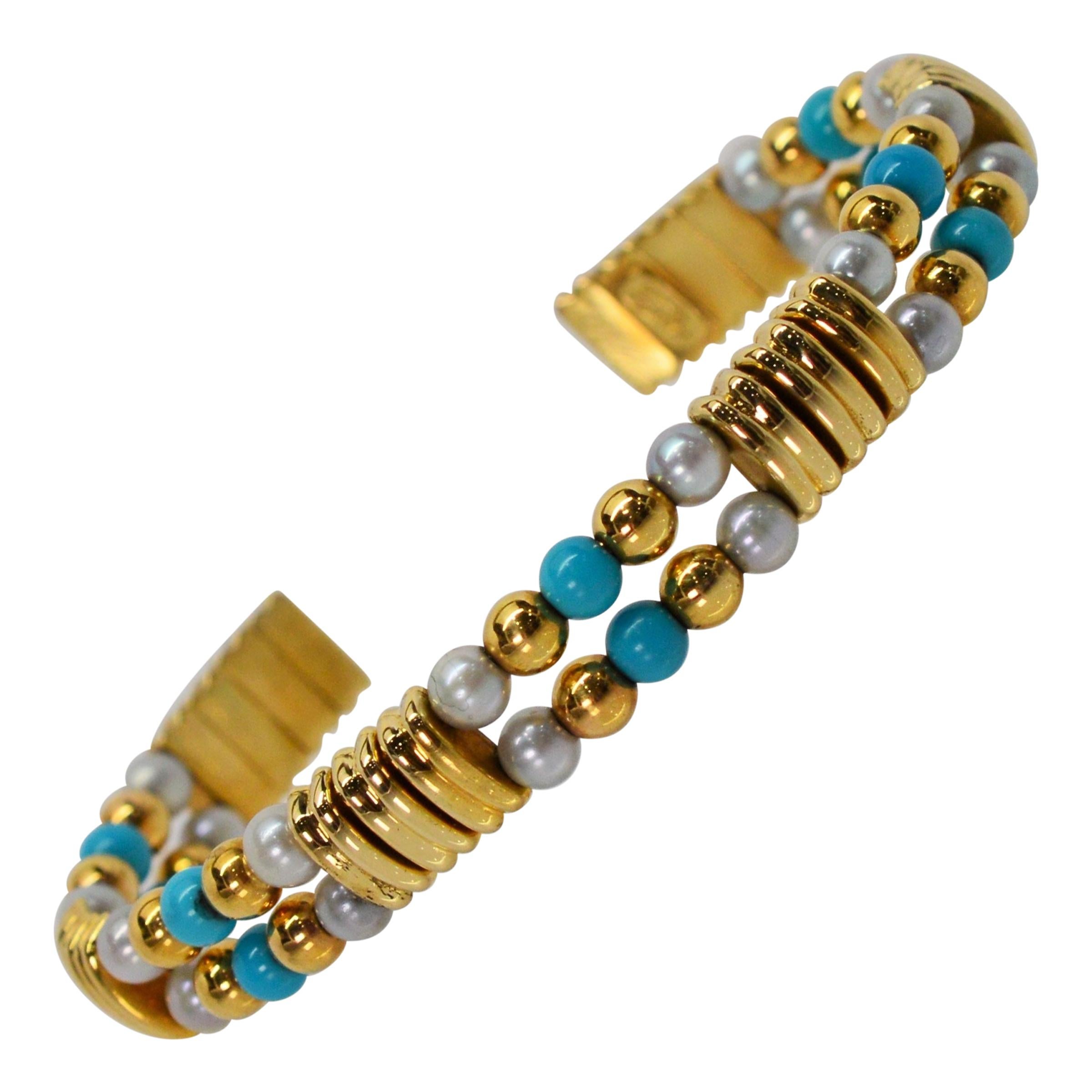 Italian 18 Karat Yellow Gold Cuff Bracelet with Turquoise Pearl Accents For Sale