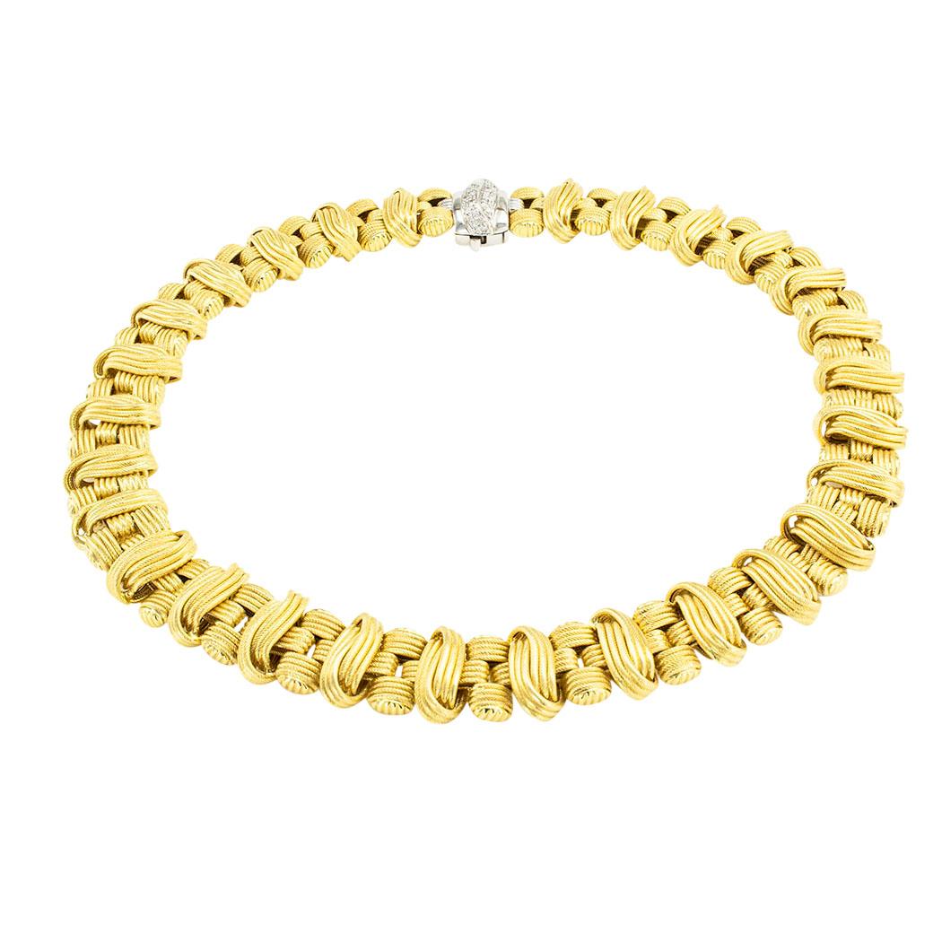 Taille ronde Collier à maillons en or jaune italien avec diamants en vente