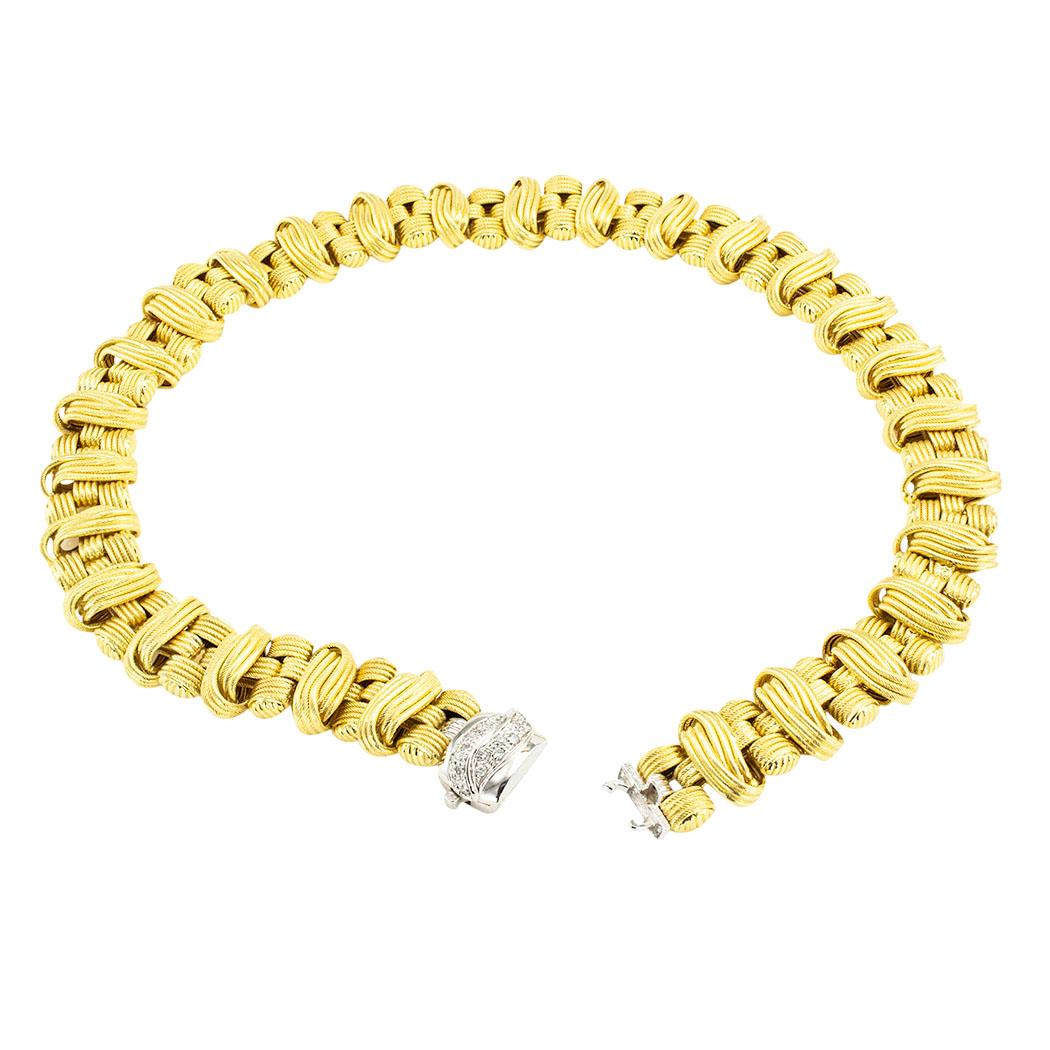 Round Cut Italian Yellow Gold Diamond Link Necklace For Sale