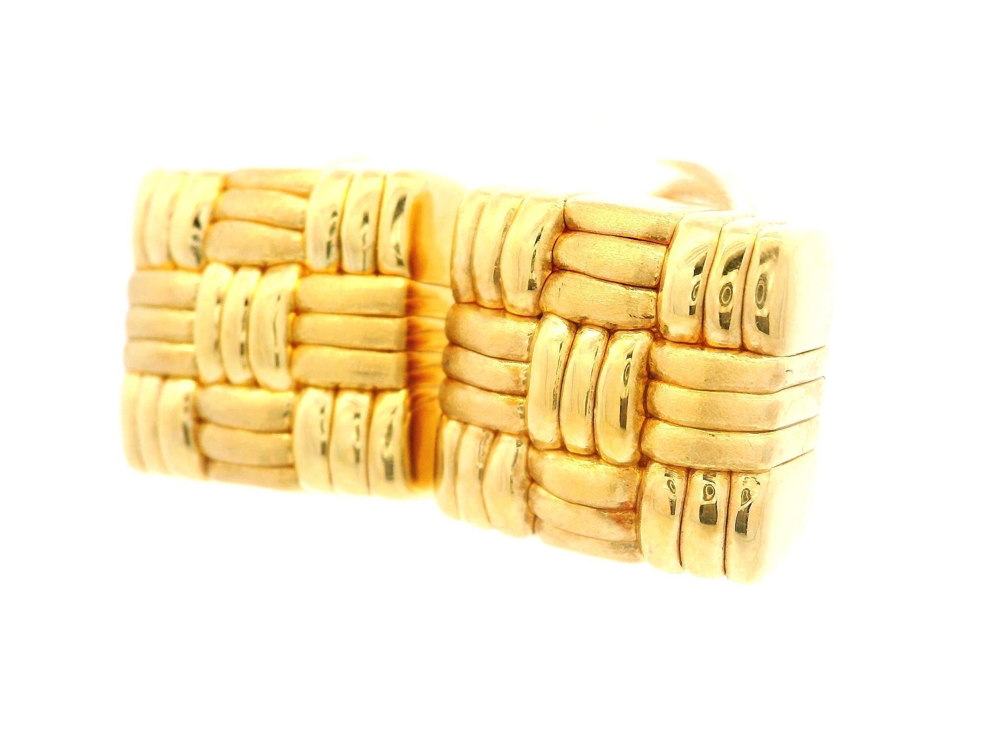 Women's Italian Yellow Gold Dual Finish Basket Weave Square Button Omega Earrings For Sale