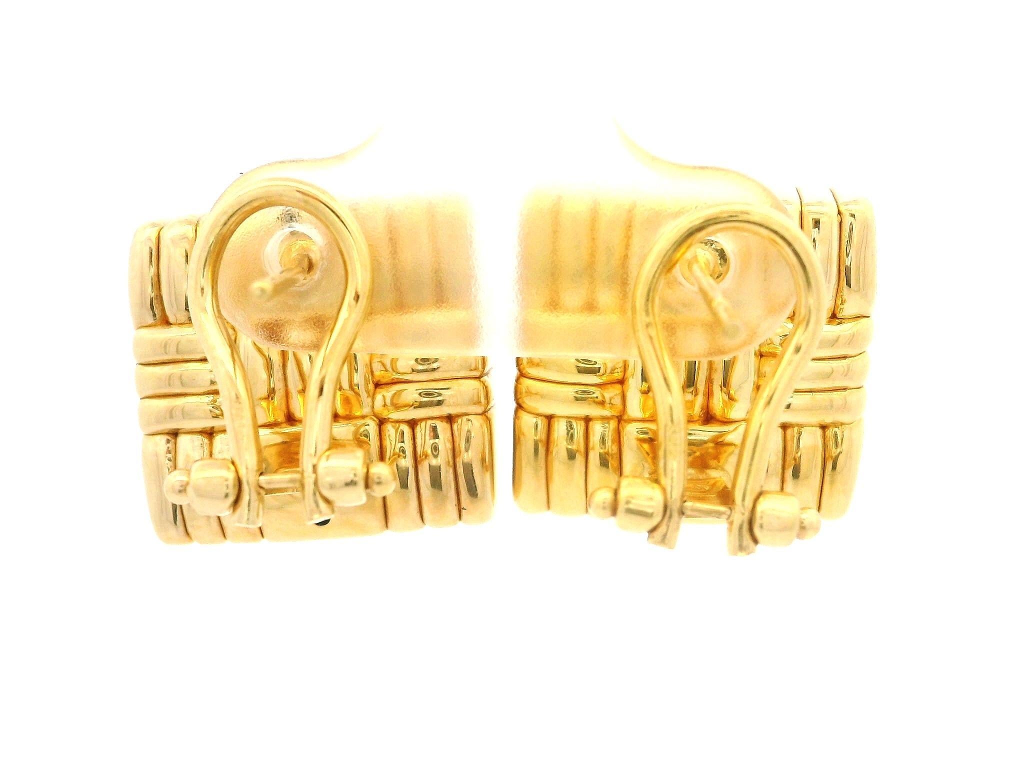 Italian Yellow Gold Dual Finish Basket Weave Square Button Omega Earrings For Sale 1