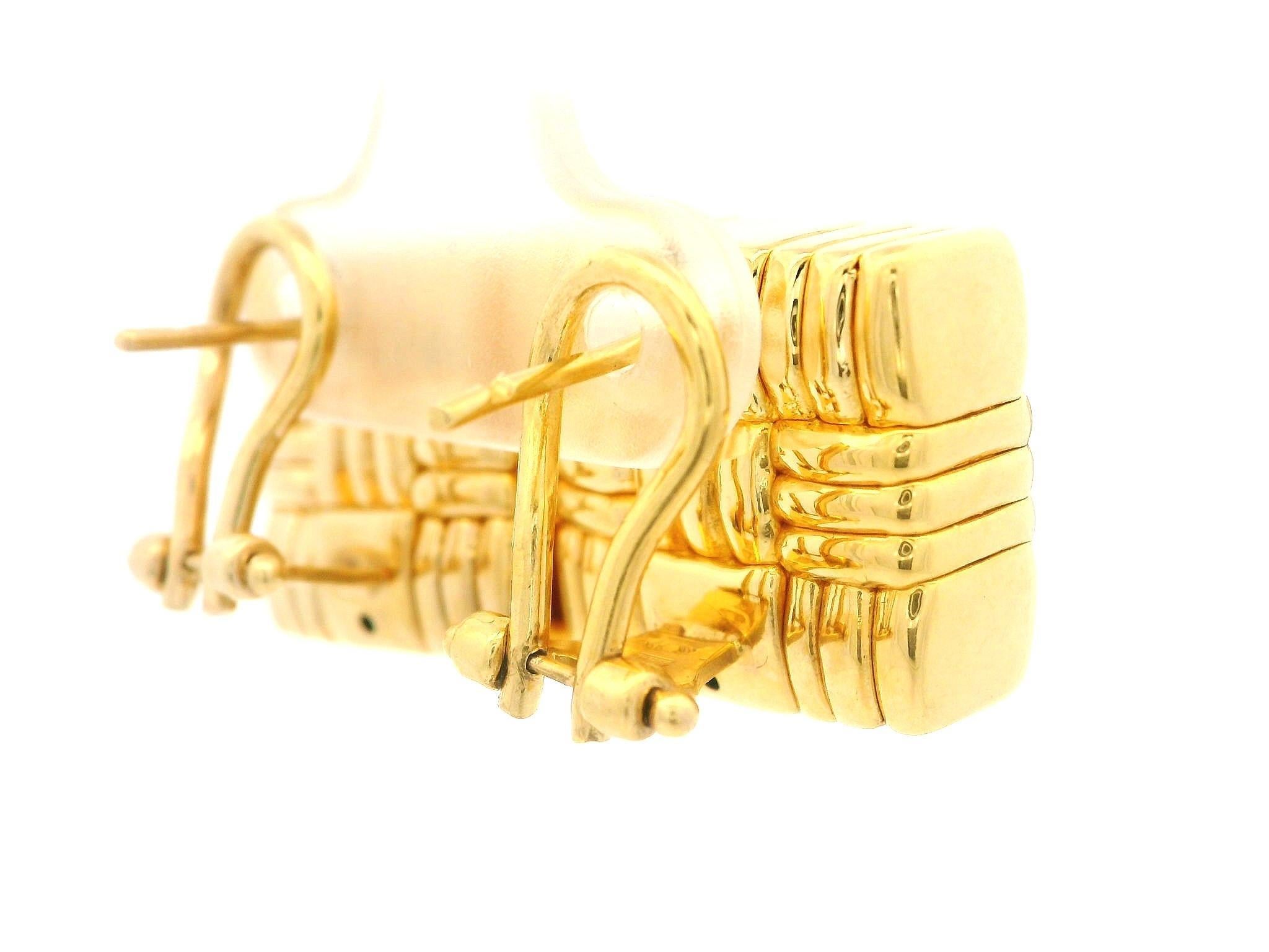 Italian Yellow Gold Dual Finish Basket Weave Square Button Omega Earrings For Sale 2