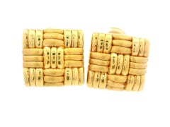 Italian Yellow Gold Dual Finish Basket Weave Square Button Omega Earrings