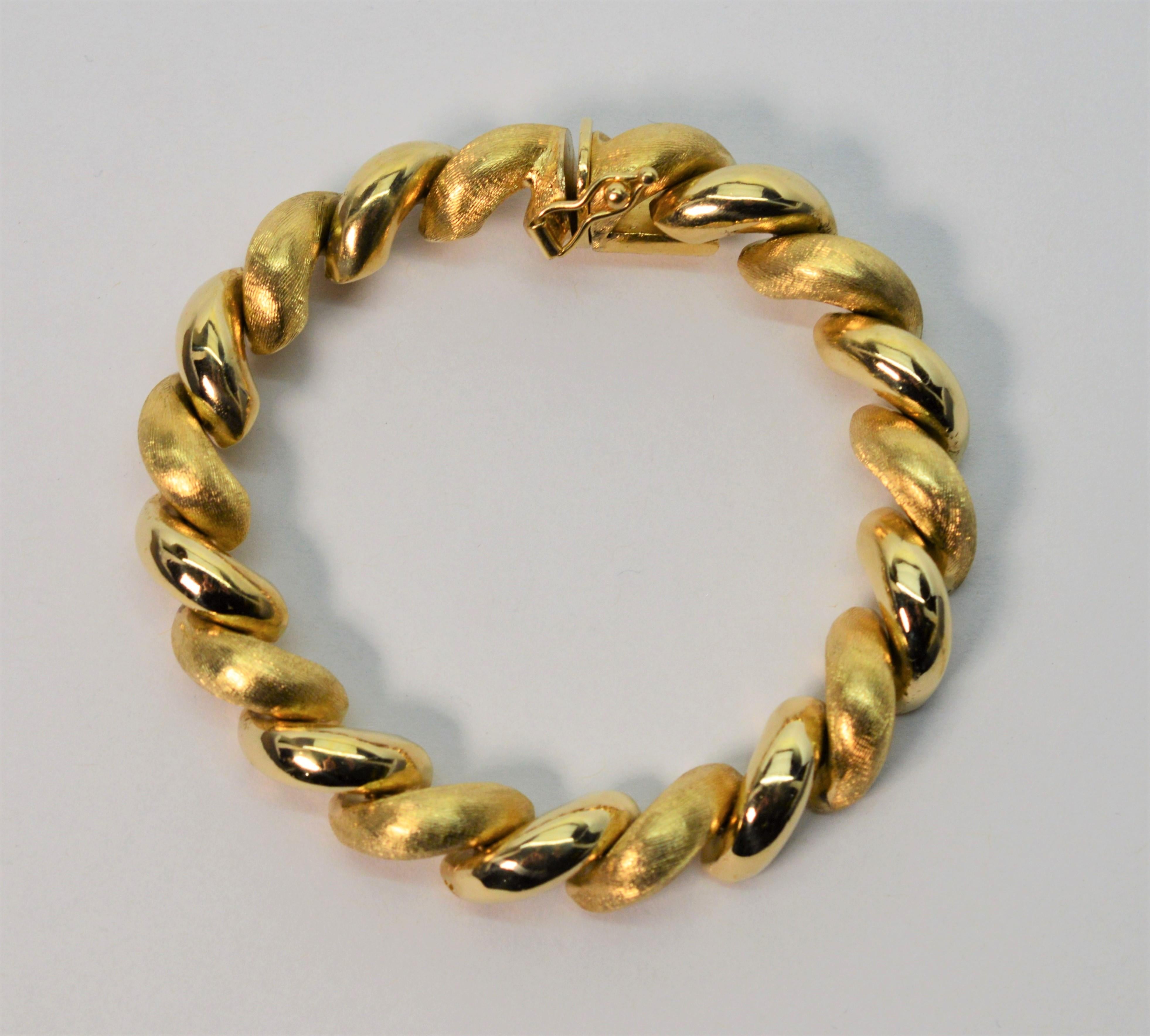 Italian Yellow Gold Mixed Finish San Marco Link Chain Bracelet 3