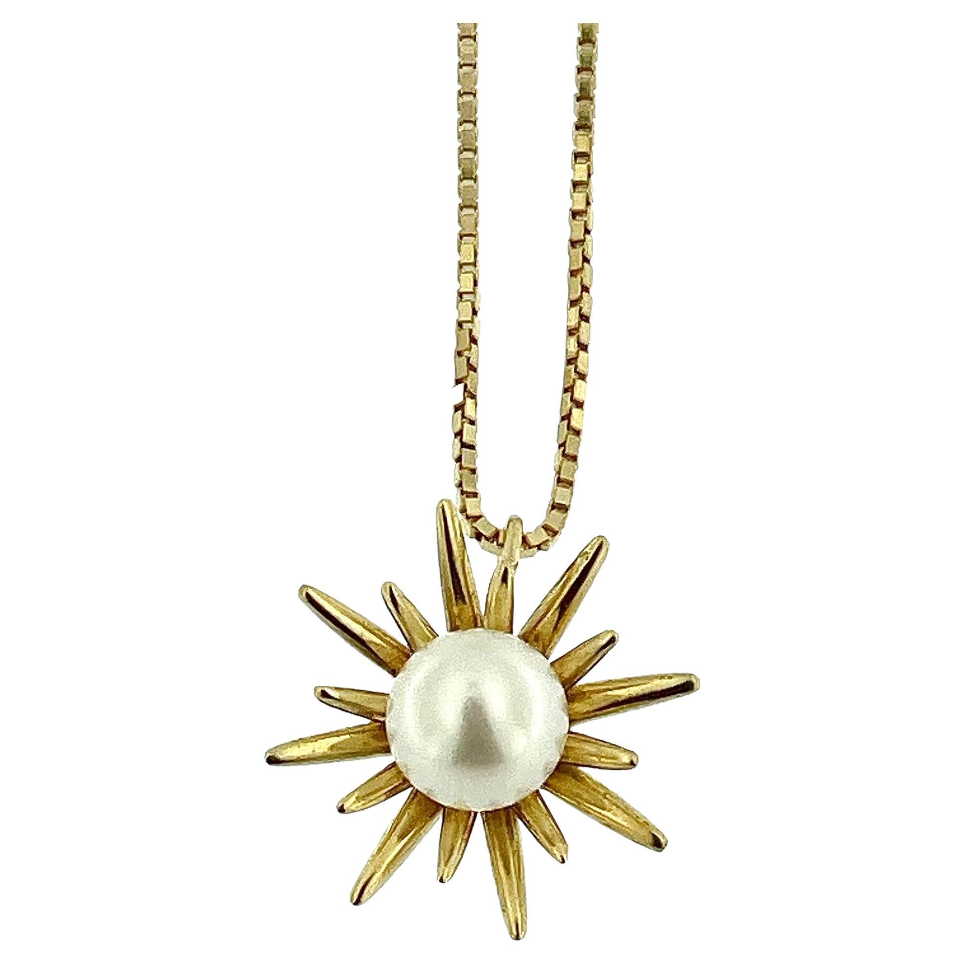 Italian Yellow Gold Necklace Snowflake Pearl Pendant