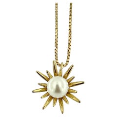 Italian Yellow Gold Necklace Snowflake Pearl Pendant