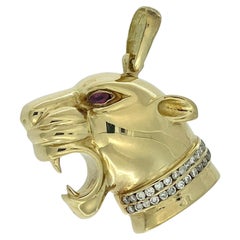 Italian Yellow Gold Panther Head Pendant with Diamonds and Ruby