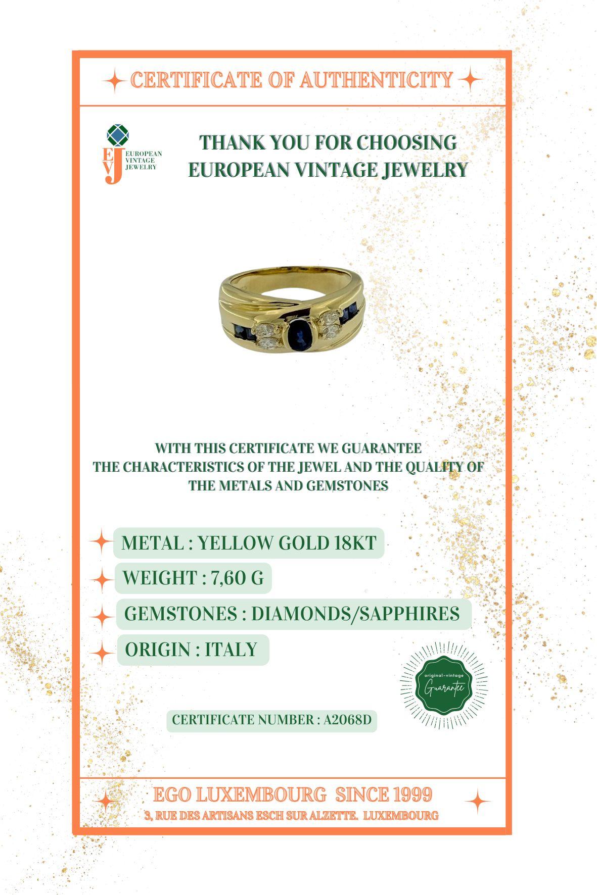 Bague italienne en or jaune avec diamants et saphirs en vente 4