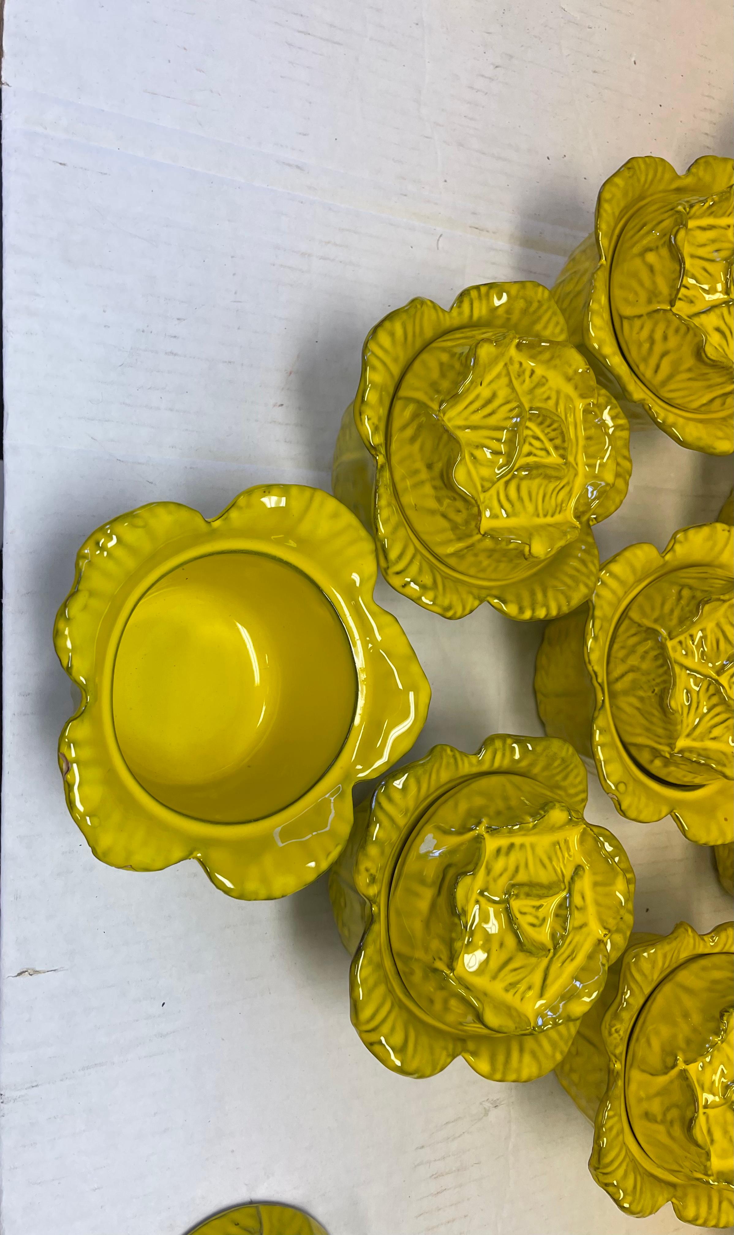Italian Yellow Majolica Terracotta Pottery Cabbage Form Lidded Bowls, Set of 10 In Good Condition In Kennesaw, GA