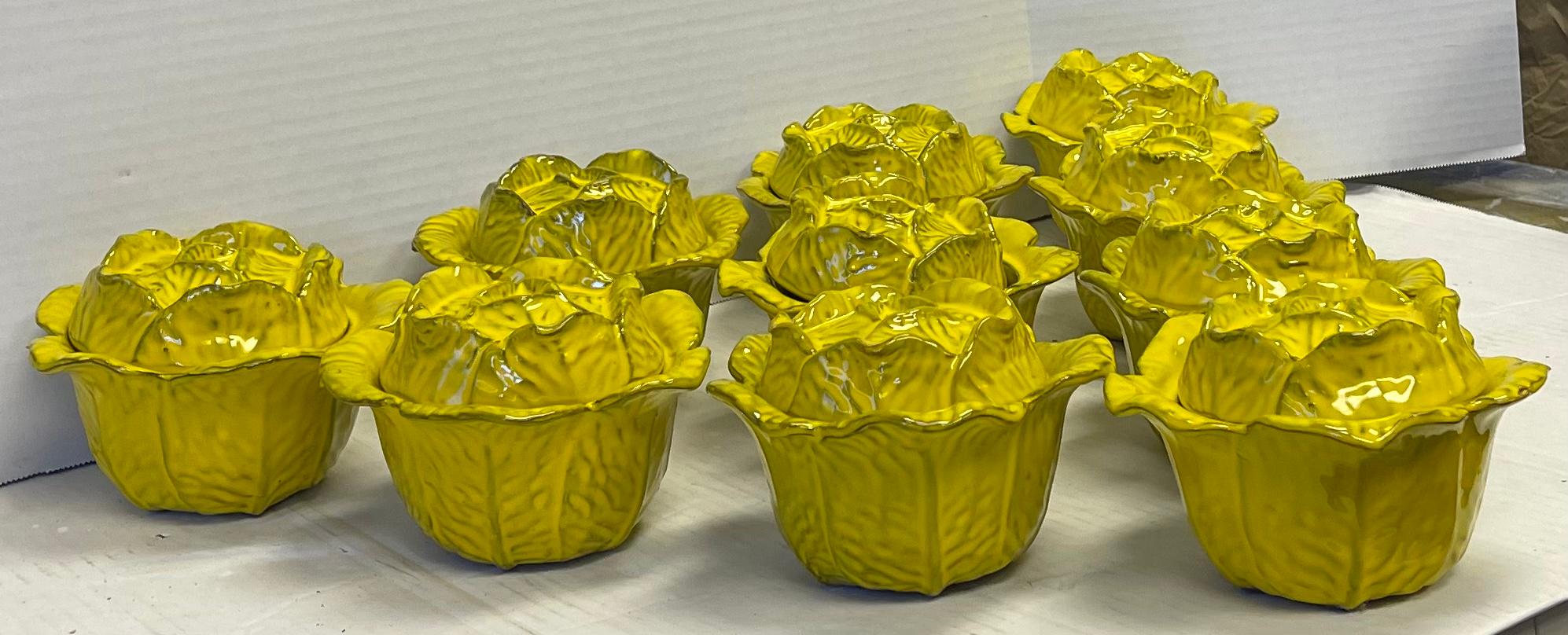 Italian Yellow Majolica Terracotta Pottery Cabbage Form Lidded Bowls, Set of 10 1