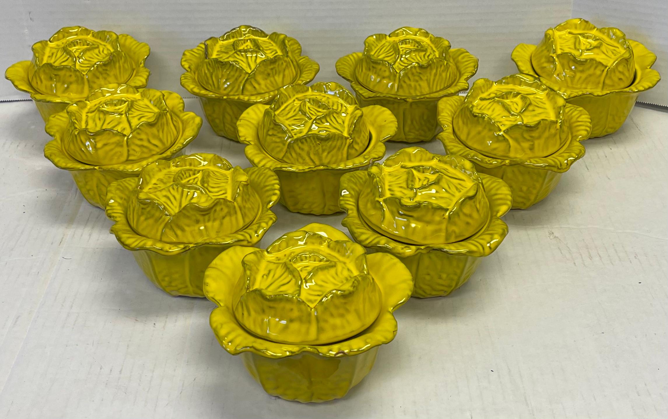 Italian Yellow Majolica Terracotta Pottery Cabbage Form Lidded Bowls, Set of 10 2