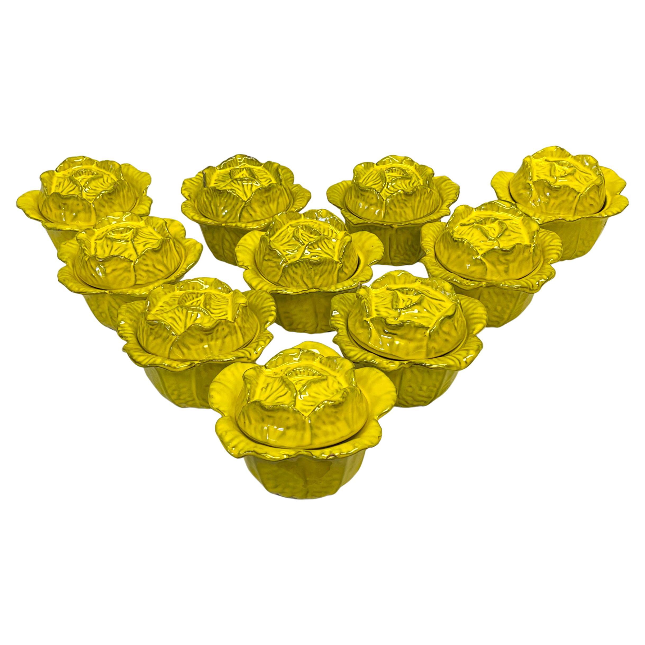 Italian Yellow Majolica Terracotta Pottery Cabbage Form Lidded Bowls, Set of 10