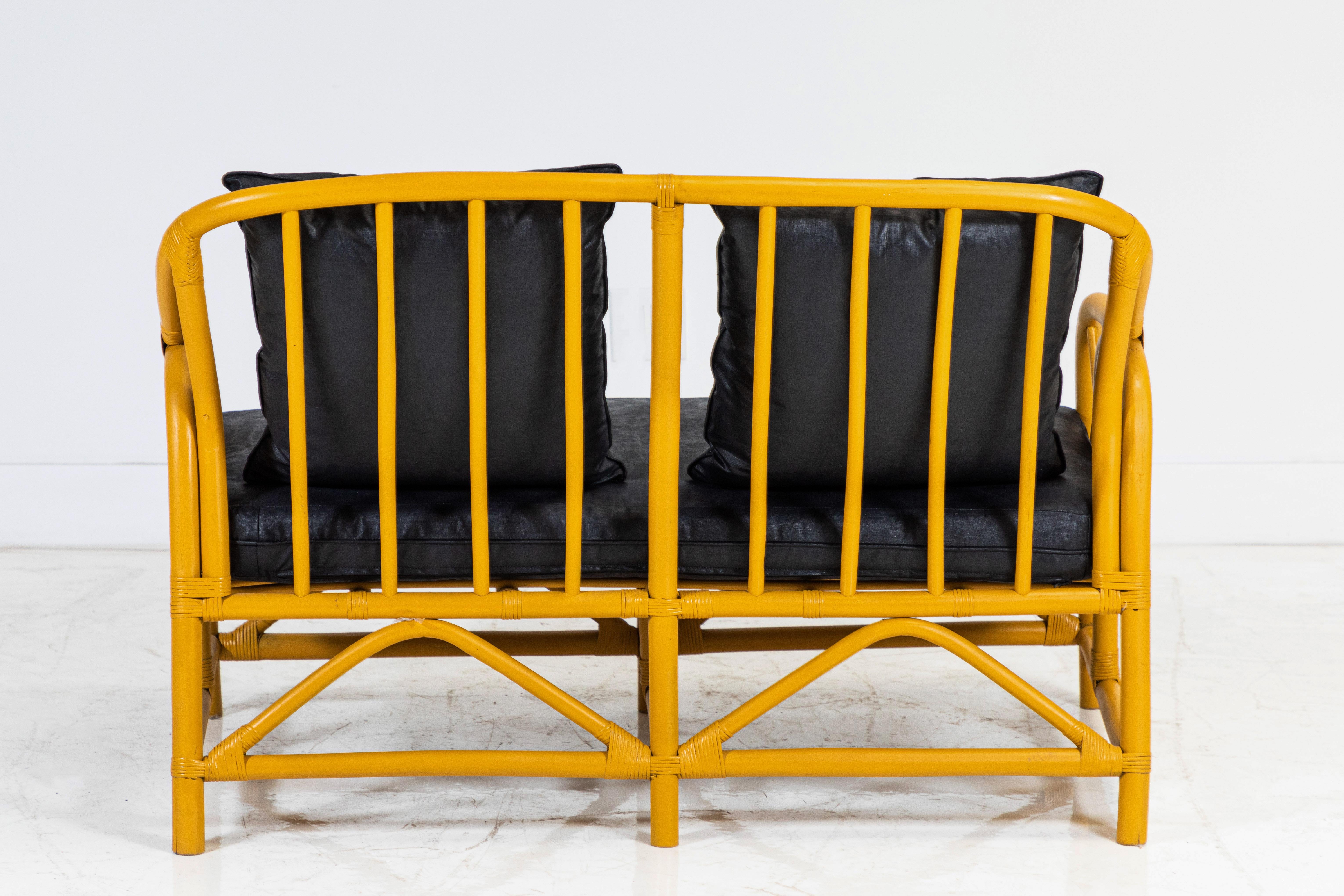 Italian Yellow Painted Bamboo Settee and Pair of Chairs In Excellent Condition In Los Angeles, CA