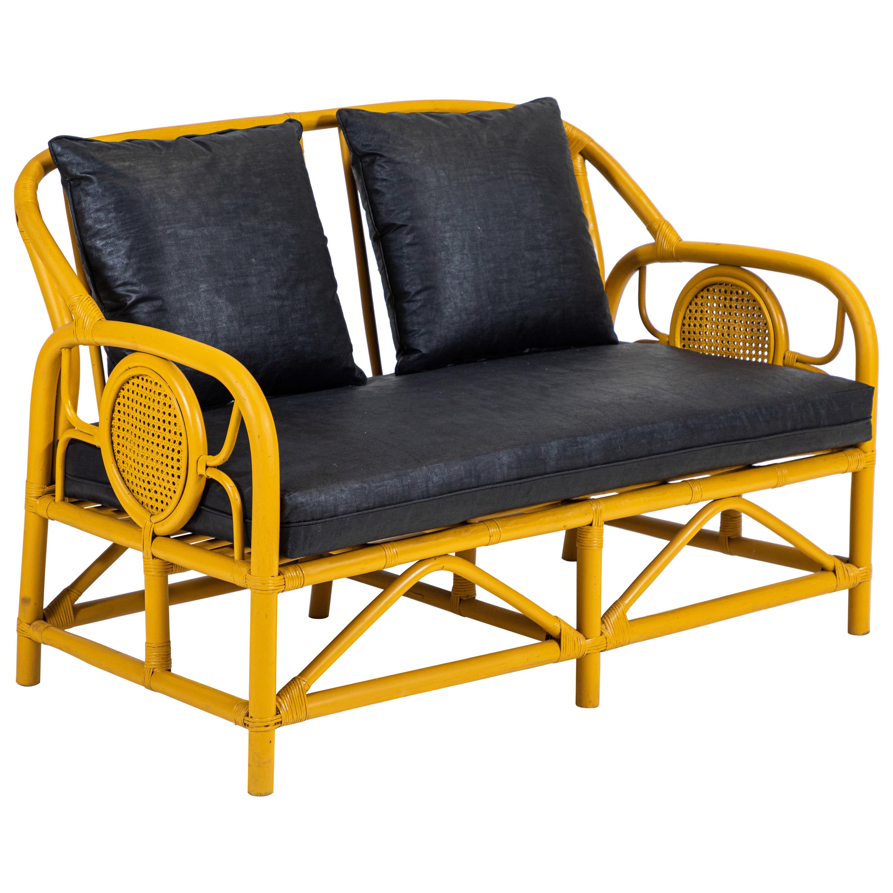 Italian Yellow Painted Bamboo Settee and Pair of Chairs
