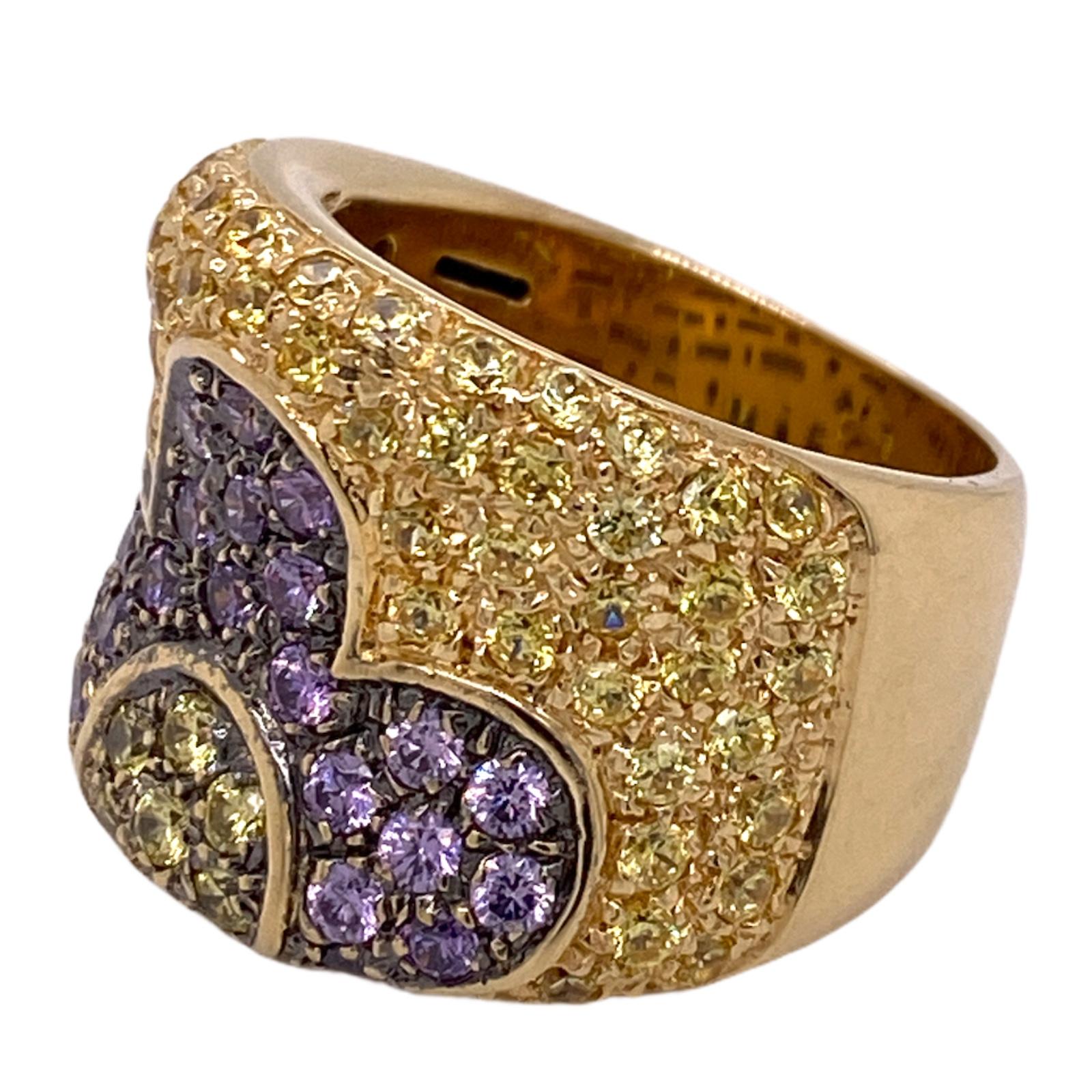 Round Cut Italian Yellow & Purple Sapphire 18 Karat Yellow Gold Floral Wide Band Ring