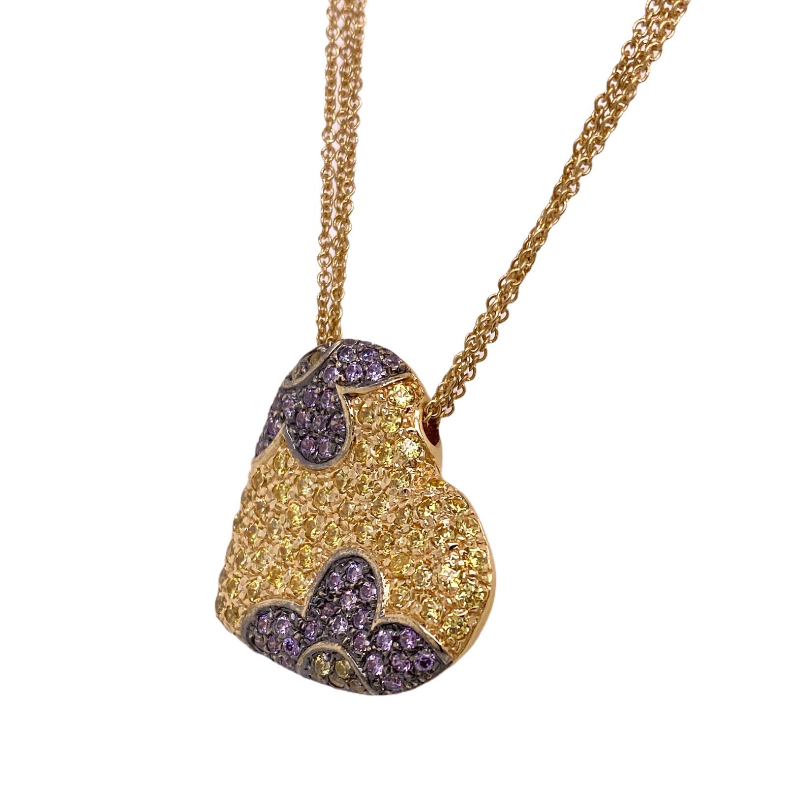 Modern Italian Yellow & Purple Sapphire 18 Karat Yellow Gold Heart Pendant Necklace