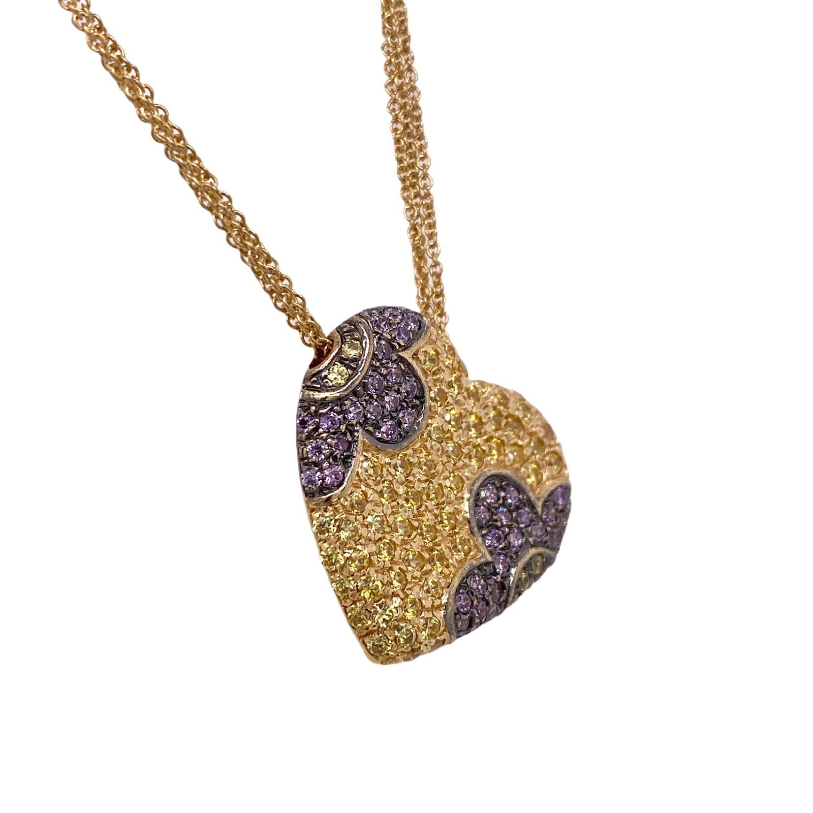 Round Cut Italian Yellow & Purple Sapphire 18 Karat Yellow Gold Heart Pendant Necklace