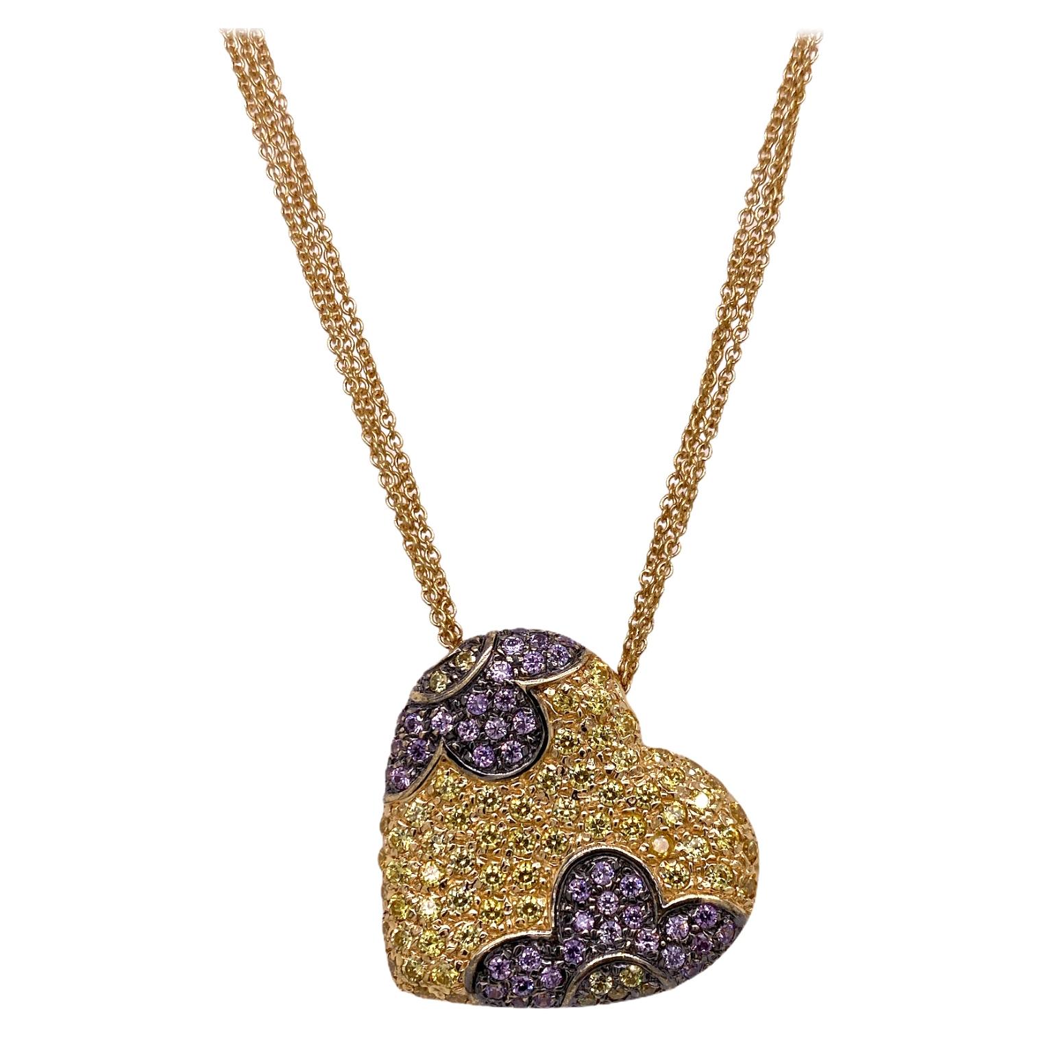 Italian Yellow & Purple Sapphire 18 Karat Yellow Gold Heart Pendant Necklace