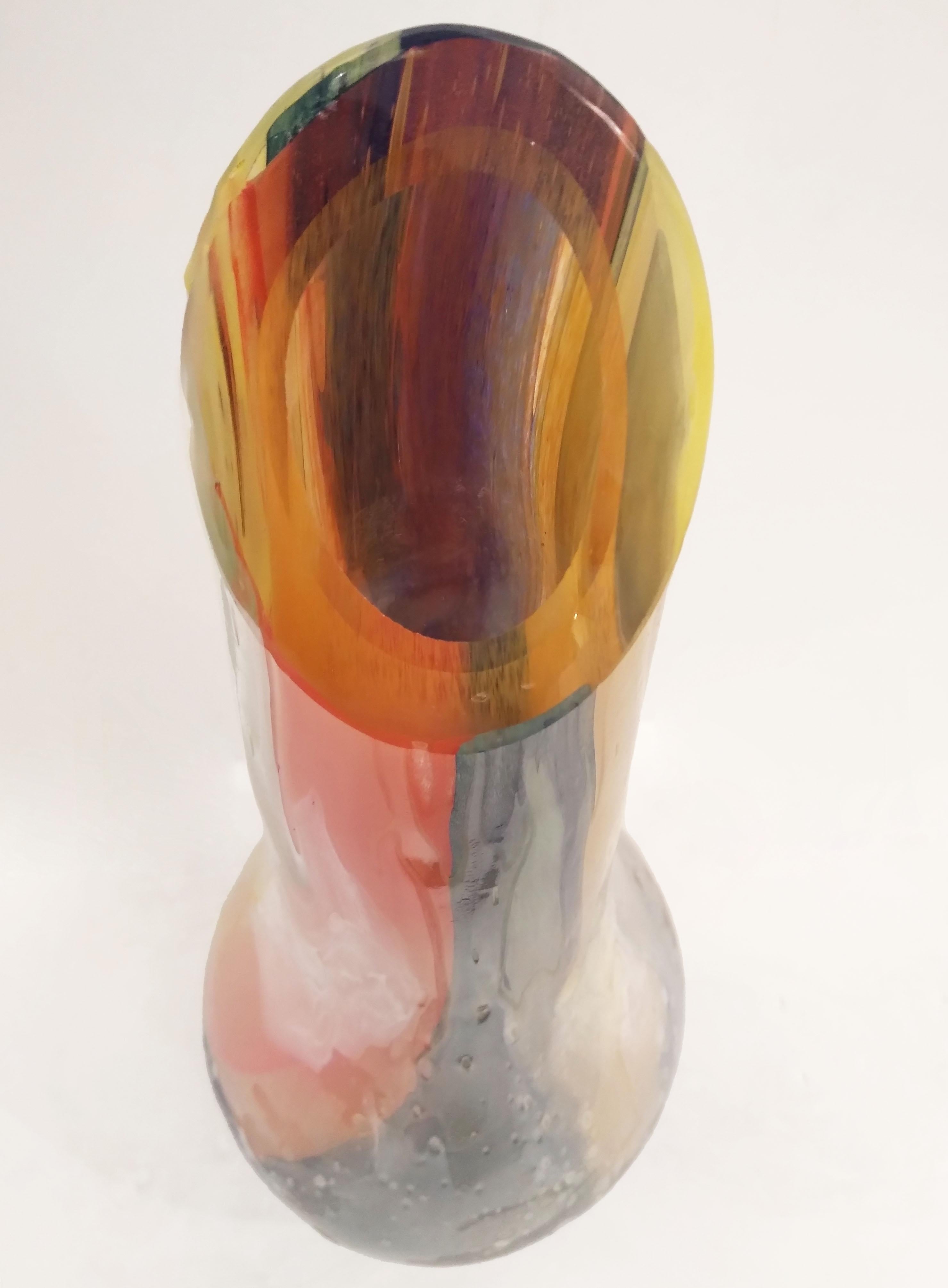 Italian Yellow Red Blue Silver Overlaid Crystal Murano Glass Sculpture Vase For Sale 3