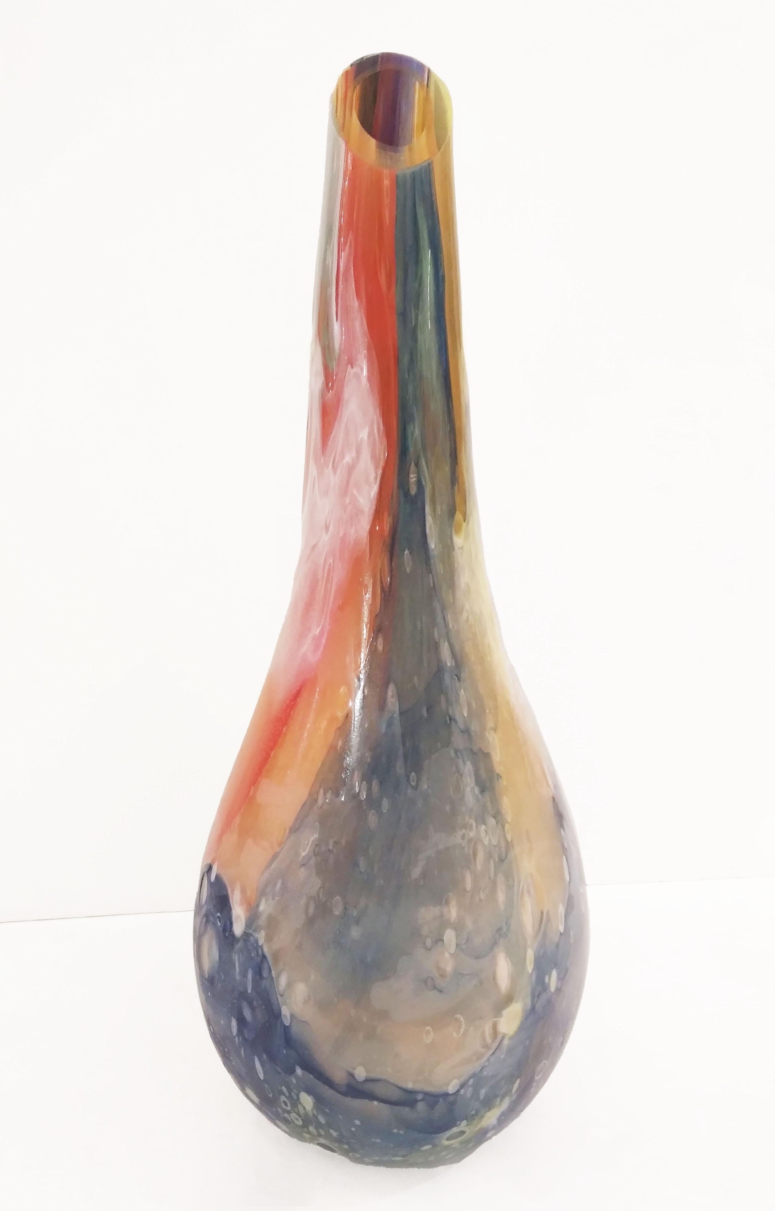Venetian modern thick high-quality Murano glass flower vase, extensively worked with colorful overlapping blown Murrine, the several layers of glass, and the work in Bulicante: giant bubbles in the mass, create a fantastic texture, with the opening