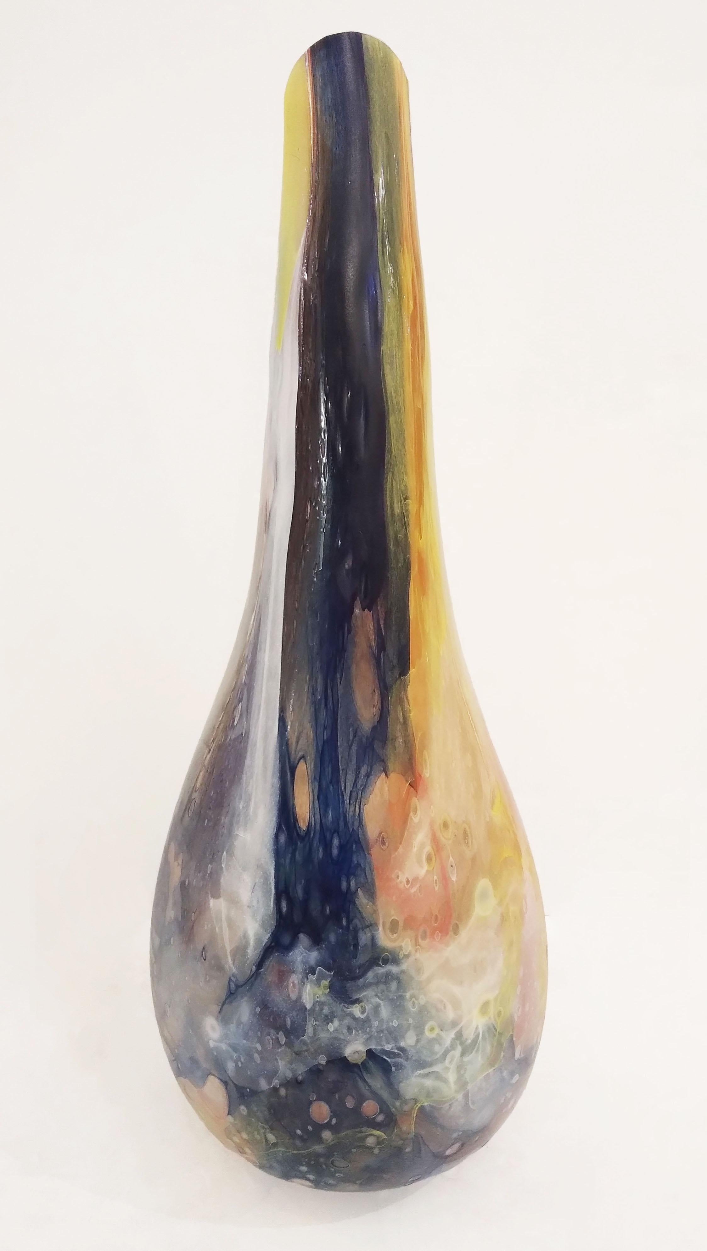 Organic Modern Italian Yellow Red Blue Silver Overlaid Crystal Murano Glass Sculpture Vase For Sale