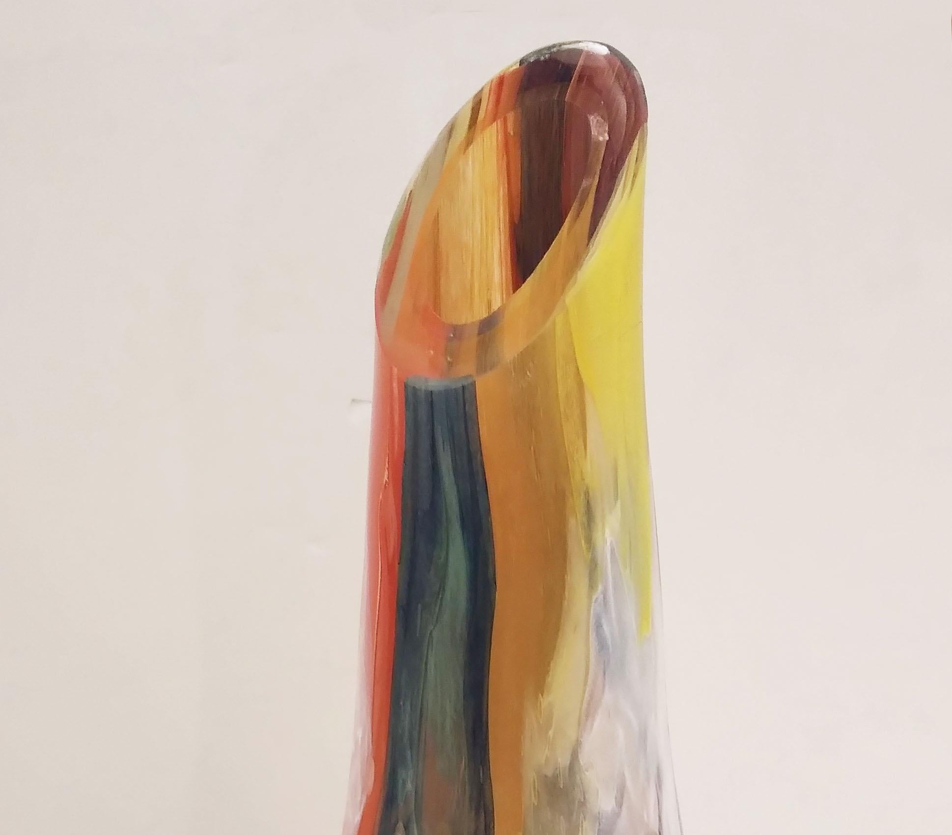 Hand-Crafted Italian Yellow Red Blue Silver Overlaid Crystal Murano Glass Sculpture Vase For Sale